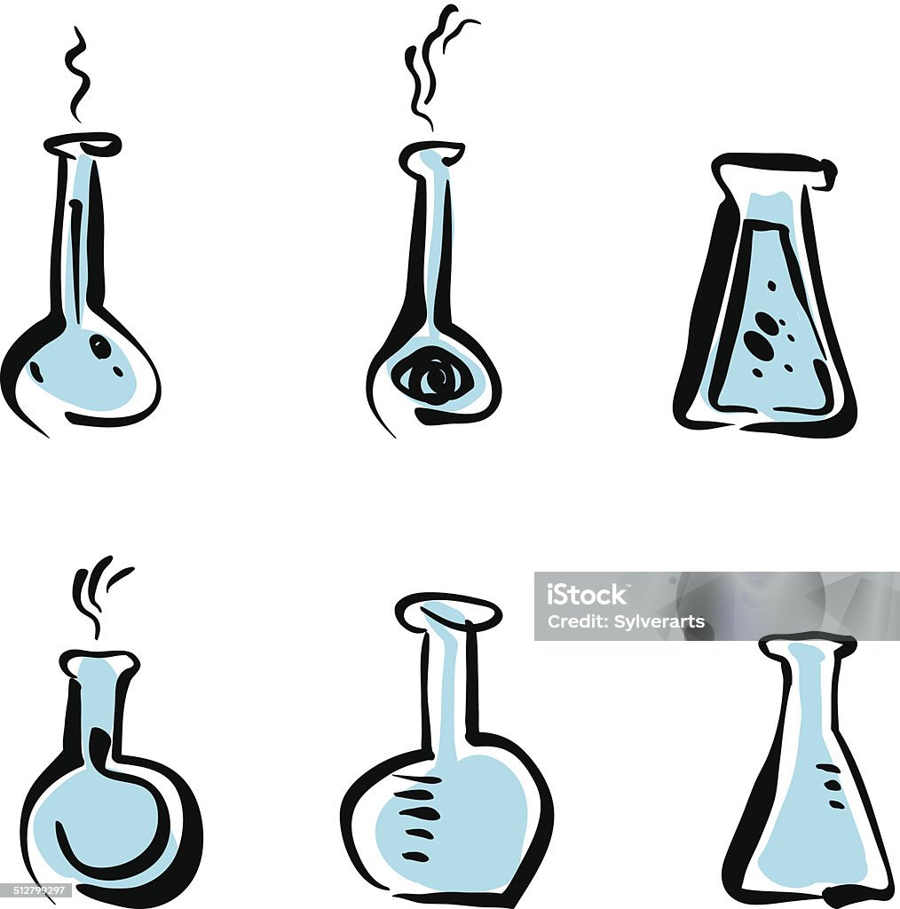 Set of illustrated vector beaker icons, medical pictograms. Analyzing stock vector