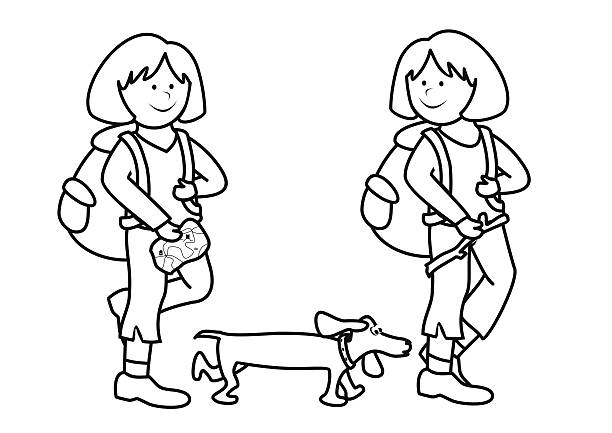Girls and dachshund Girls and dachshund, coloring book for the children. kid tripped stock illustrations