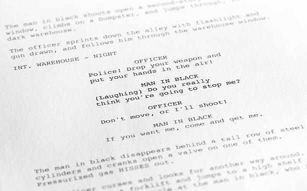 Screenplay close-up 1 (generic film text written by photographer) Close-up of a page from a screenplay or script in proper Hollywood format, with generic text written by the photographer to avoid any copyright issues. script stock pictures, royalty-free photos & images