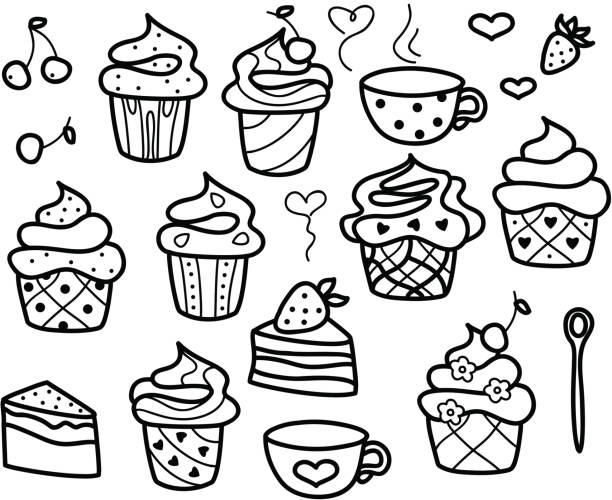 ilustrações de stock, clip art, desenhos animados e ícones de vector conjunto de cupcakes. - flower cherry cup tea