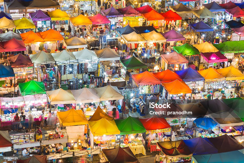 Top view colourful over Weekend market at night Arial view roof top over colorful weekend nigh market Flea Market Stock Photo