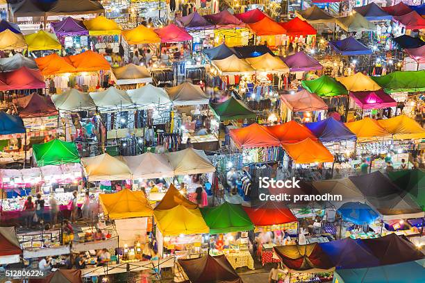 Top View Colourful Over Weekend Market At Night Stock Photo - Download Image Now - Flea Market, Photography, Thailand