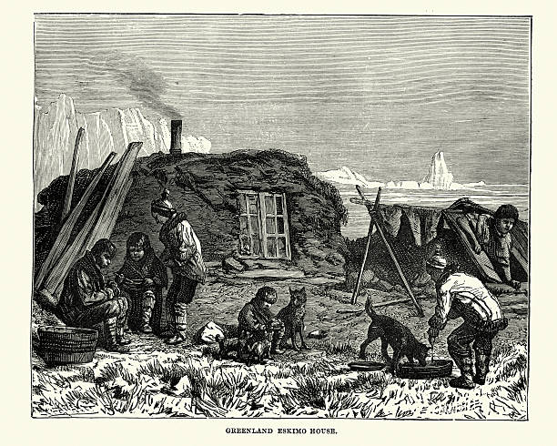 гренландия эскимосская дом в xix веке - greenland inuit house arctic stock illustrations