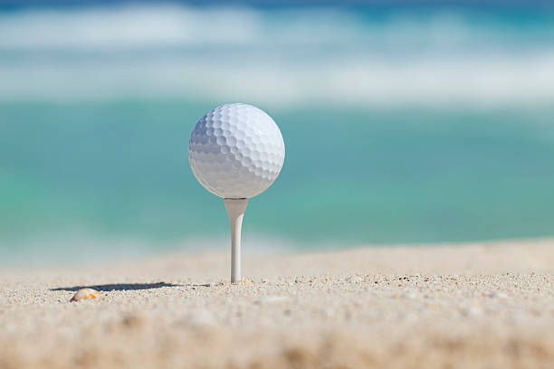 istock Golf ball and tee on beach with ocean waves behind 512810786