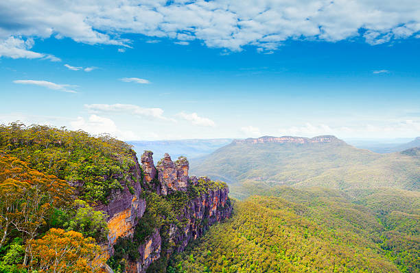 Blue Mountains National Park near Sydney in New South Wales, Australia. Aerial view of Govetts Leap Lookout, Blackheath area, one of the most famous park views.