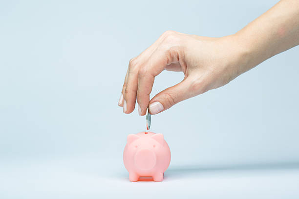 feminino mão colocar uma moeda em piggy bank - currency giving wealth human hand - fotografias e filmes do acervo