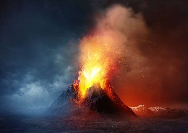 Volcano Eruption Volcano Eruption. A large volcano erupting hot lava and gases into the atmosphere. Illustration. erupting photos stock pictures, royalty-free photos & images