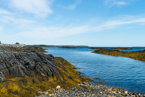 Nova Scotia coastline near Lunenburg, Blue Rocks village. Atlantic Ocean landscape.