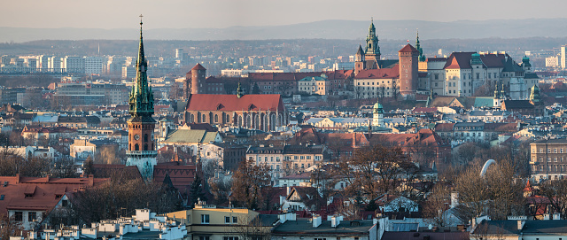 Panoramic view of Royal Wawel Castle in Krakow and St. Joseph's Church, view from Krakus Mound