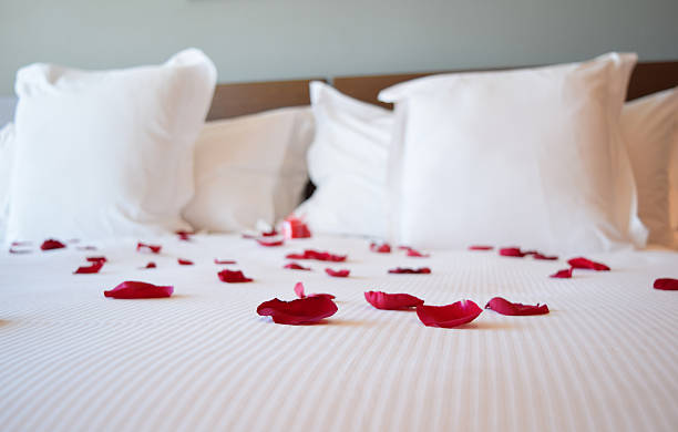 istock Saint valentine's day, white large bed with the rose petals 512819590