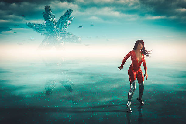 istock Alien UFOs attacking female superhero astronaut 512823594