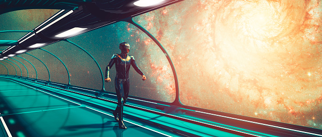 Retro futuristic sci-fi concept, commander, skybridge. Background image provided by w ww.nasa.gov.