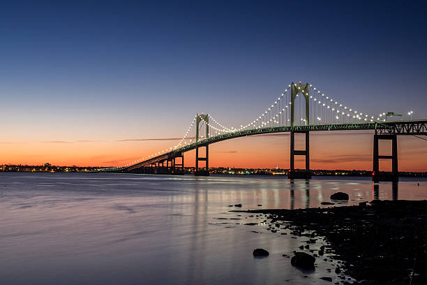 First light at Newport RI Claiborne Pell Newport Bridge.   rhode island stock pictures, royalty-free photos & images