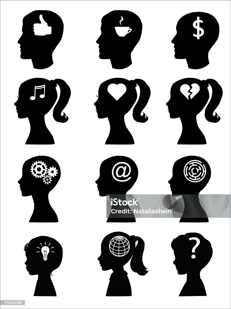 Head silhouettes of man, woman and children with icons. Head silhouettes of man, woman and children with icons. Vector ilustration. In Silhouette stock vector