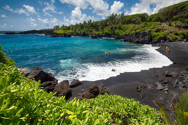 spiaggia di sabbia nera, parco statale di waianapanapa. maui, hawaii - maui beach palm tree island foto e immagini stock
