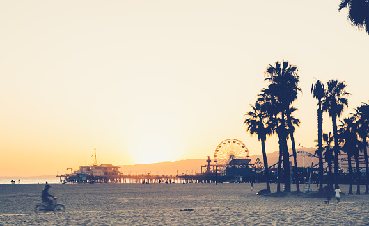 Santa Monica beach and pier at sunset