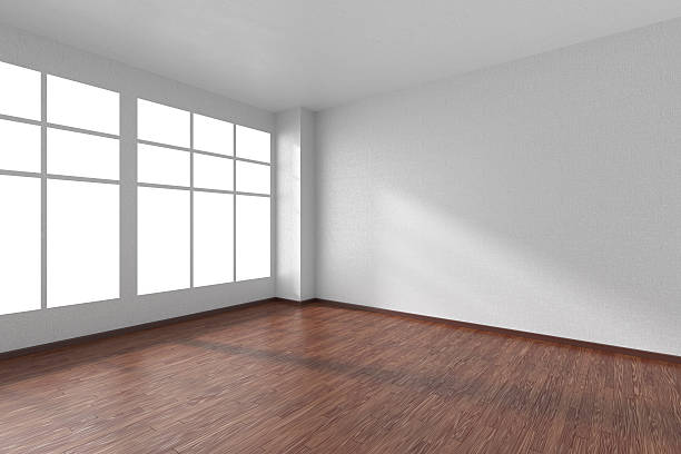 istock Empty room with dark wooden parquet floor, textured white walls 512829908