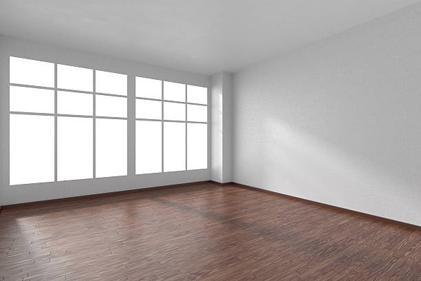 istock Empty room with parquet floor, white textured walls and window 512829942