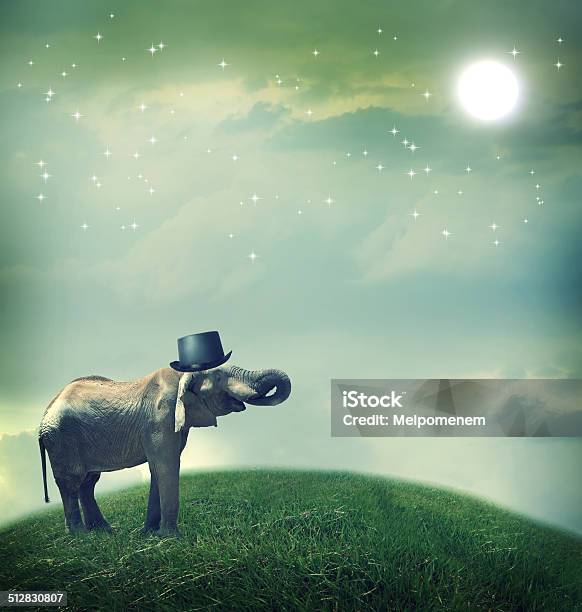 Elephant With Top Hat On Fantasy Landscape Stock Photo - Download Image Now - Elephant, Hat, Animal