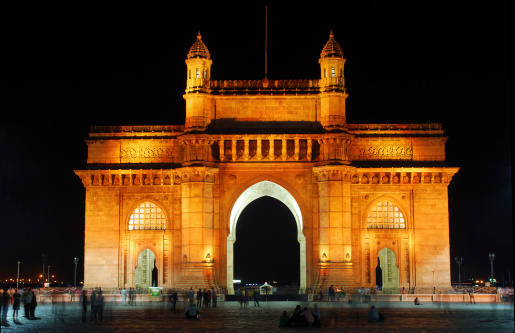 Illuminated Gateway of India, Mumbai, India at night. Front view.
