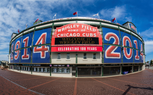 Chicago, Illinois, USA - September 8, 2014: Entrance to Wrigley Field at the intersection of Clark and Addison Streets in the 100th season of baseball at the historic park