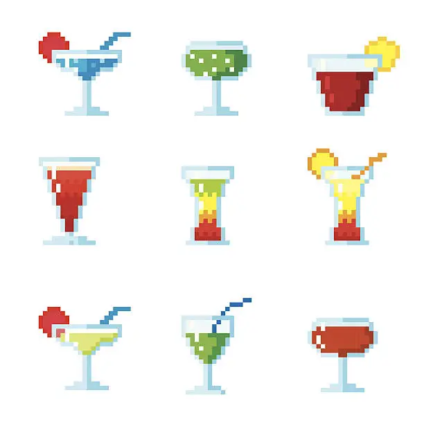 Vector illustration of Set of pixel icons. Cocktails and drinks.