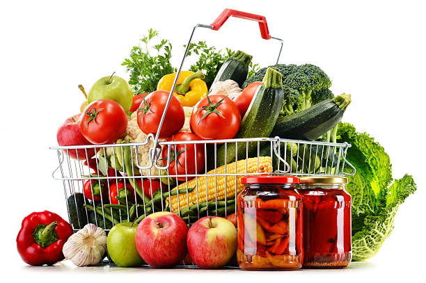 istock Wire shopping basket with groceries isolated on white 512865529