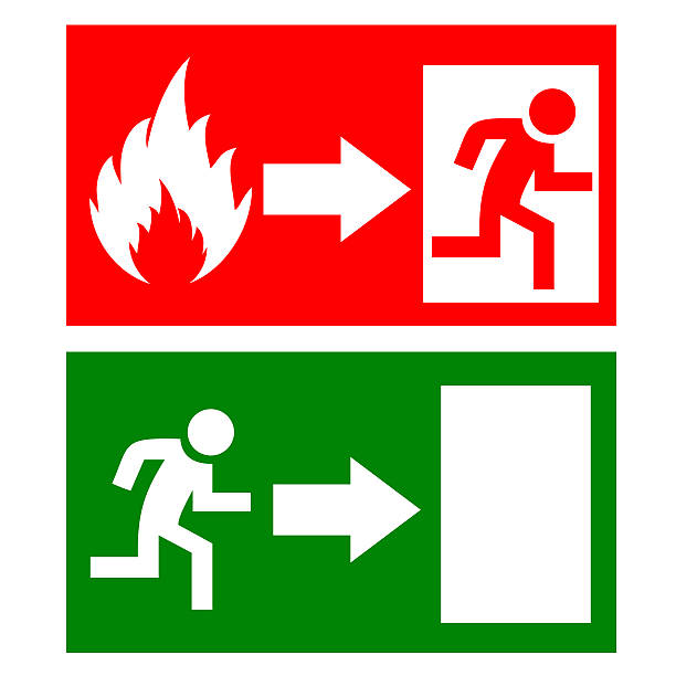 segnali di uscita di emergenza - fire exit sign foto e immagini stock