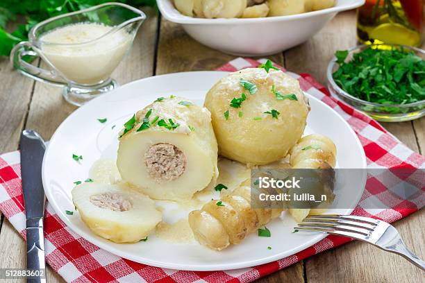 Potatoes Stuffed With Minced Meat In Cream Sauce Stock Photo - Download Image Now - Backgrounds, Baked, Beef