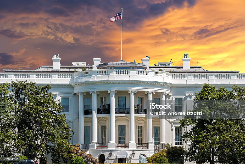 Washington White House on sunset White House on deep red sunset background Architectural Column Stock Photo