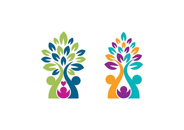 ilustraciones, imágenes clip art, dibujos animados e iconos de stock de árbol genealógico logotipo, un proyecto símbolo icono vector de diseño de los árboles - vector fun family healthy lifestyle