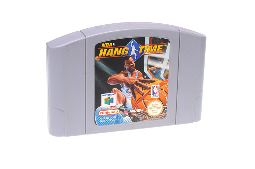 Adelaide, Australia - February 23, 2016: A studio shot of a NBA Hang Time Nintendo 64 Cartridge,isolated on a white background. A popular game console sold by nintendo worldwide between 1996 and 2003. Nintendo 64 games are now highly sought after collectables.