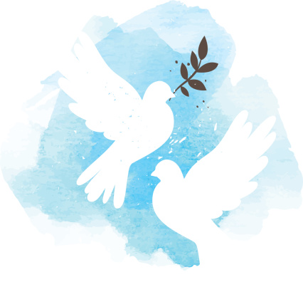 Two vector white doves on blue watercolor background, postcard for international peace day