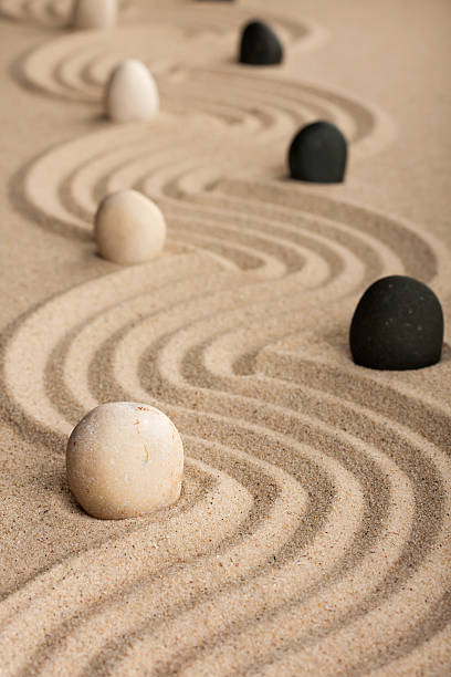 istock line black and white  stones, standing on the sand 512888081