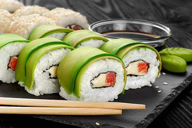 istock Sushi rolls with avocado, salmon and sesame seeds. 512888474