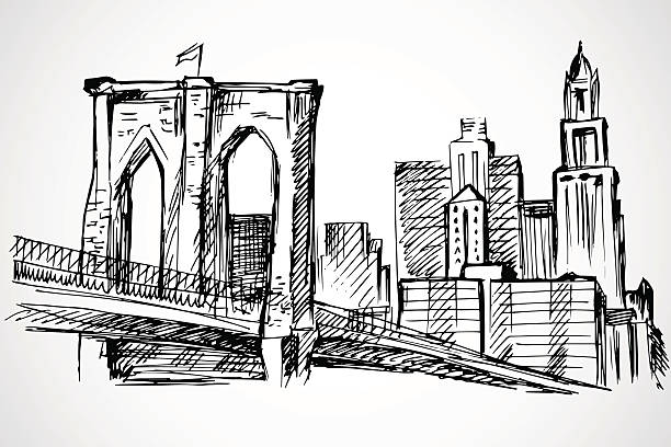 ilustrações de stock, clip art, desenhos animados e ícones de mão desenhada brooklyn ponte e edifícios - brooklyn bridge new york city brooklyn famous place