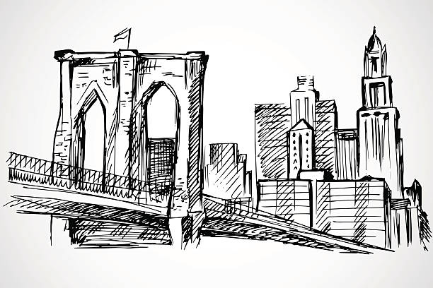 Hand drawn Brooklyn Bridge and buildings Hand drawn Brooklyn Bridge and buildings new york city illustrations stock illustrations