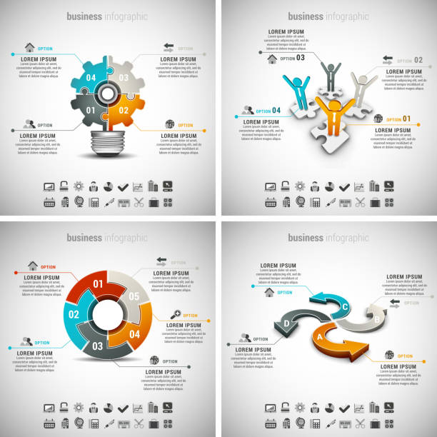 Infographics Bundle 4 in 1 Vector illustration of different business infographics. Vol.50. hand raised orange blue colors stock illustrations