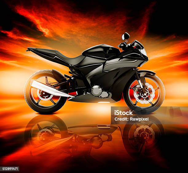 3d Image Of Motorcycle With Skyline Horizon Stock Photo - Download Image Now - Motorcycle, Side View, Motorcycle Racing
