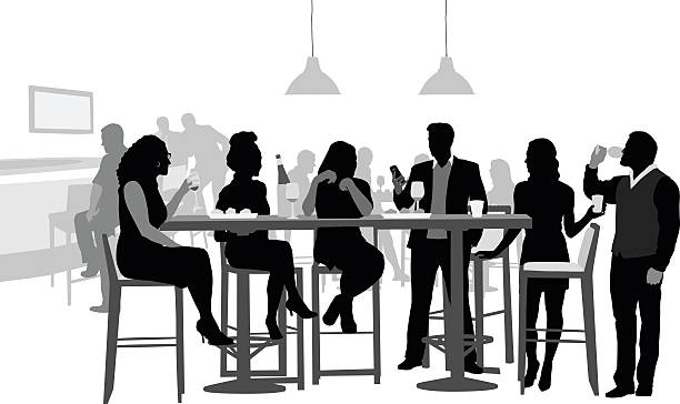 Going Out With Friends A vector silhouette illustration of a gourp of young adults at a bar celebrating with alcoholic beverages.  Young men and women sit and stand around a table. happy hour illustrations stock illustrations