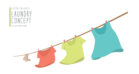 Illustration vector t-shirts hanging on a clothesline.on windy day flat style.