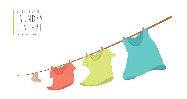 Vector illustration of T-shirts hanging on a clothesline.on windy day flat vector.