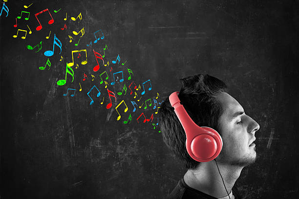 Teenager with musical notes drawn and listening to music on headphones