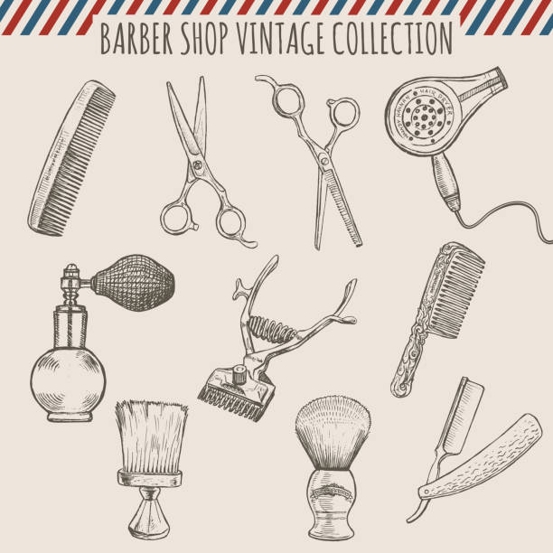 ilustrações de stock, clip art, desenhos animados e ícones de barbearia vintage vector coleção de ferramentas. lápis desenhado à mão ilustração - human hair retro revival old fashioned beauty