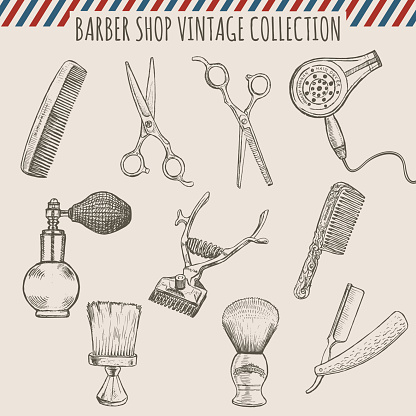 Vector barber shop vintage tools collection of comb, scissors, hair trimmer, razor, shaving brush and atomizer. Pencil hand drawn illustration. Freehand style.
