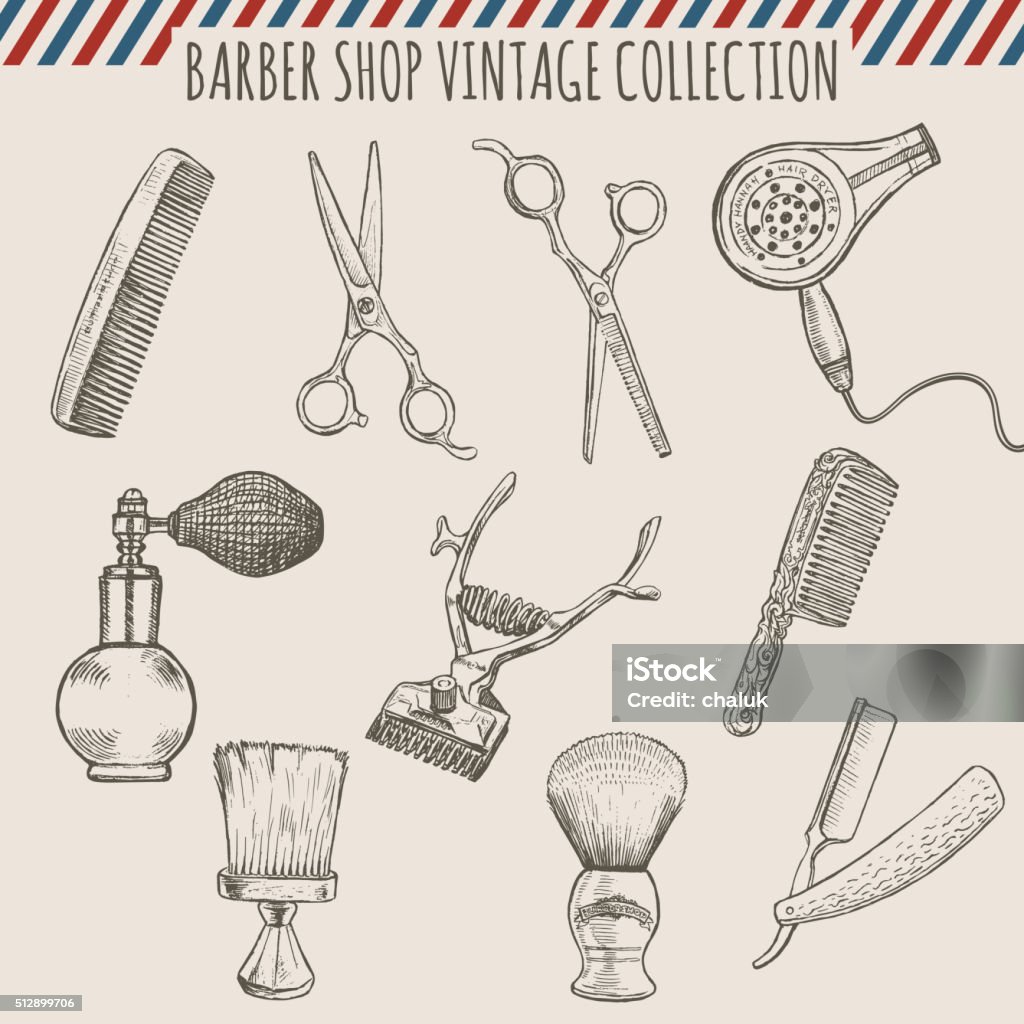 Vector barber shop vintage tools collection.  Pencil hand drawn illustration Vector barber shop vintage tools collection of comb, scissors, hair trimmer, razor, shaving brush and atomizer. Pencil hand drawn illustration. Freehand style. Illustration stock vector