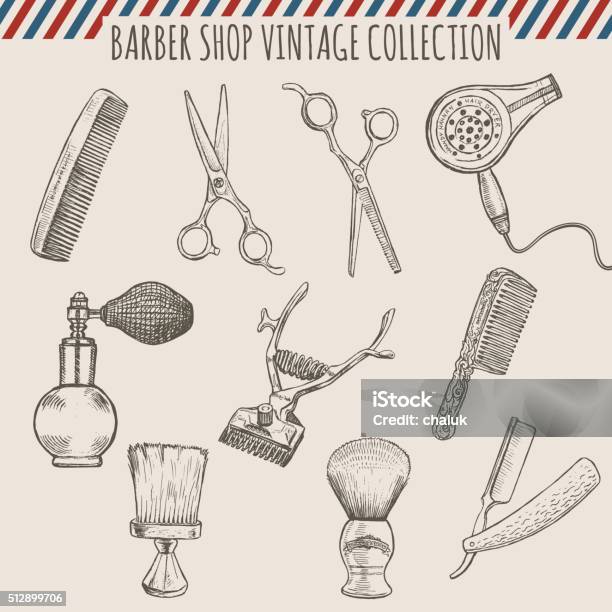 Vector Barber Shop Vintage Tools Collection Pencil Hand Drawn Illustration Stock Illustration - Download Image Now