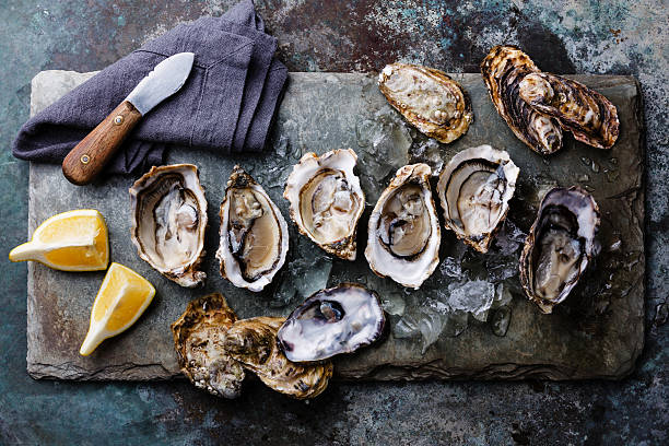 istock Open Oysters Fines de Claire with lemon 512899880
