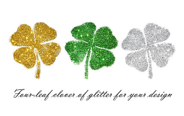 Set of abstract four-leaf clovers of glitter Set of abstract four-leaf clovers of green, golden and silver glitter for your design gold clover stock illustrations