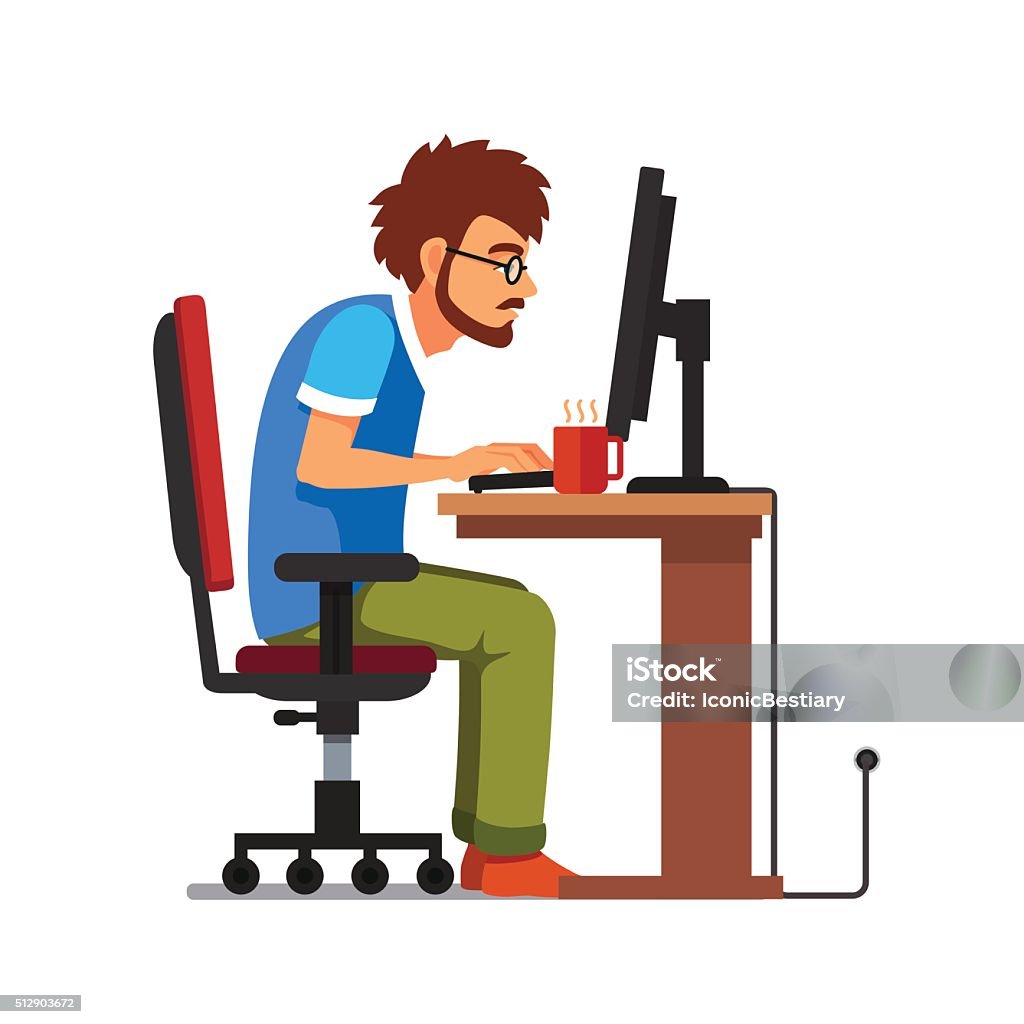 Work Addict Geek Sitting At The Computer Desk Stock Illustration ...